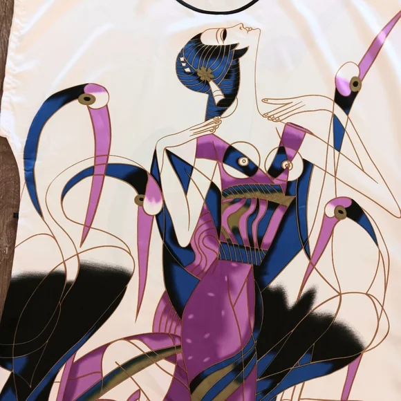 Art Nouveau satin cranes tunic dress. Medium. Ya Ye Er Si. - Picture 9 of 16